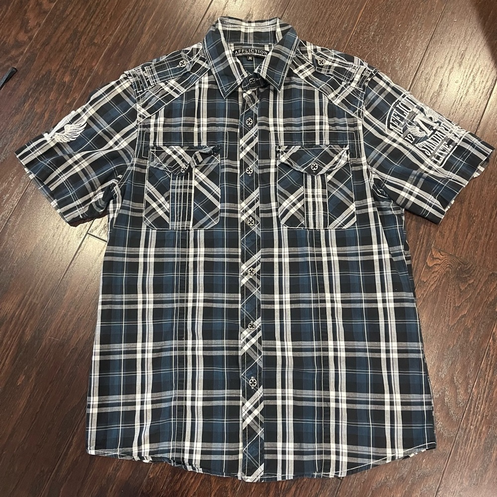 Affliction Navy and White Plaid Button Down Shirt